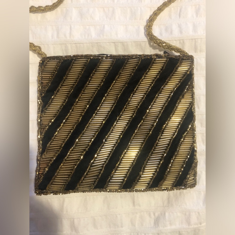 Beaded Gatsby Art Deco Purse Black and Gold Zipper Enclosure Evening Party Bag - Picture 8 of 10